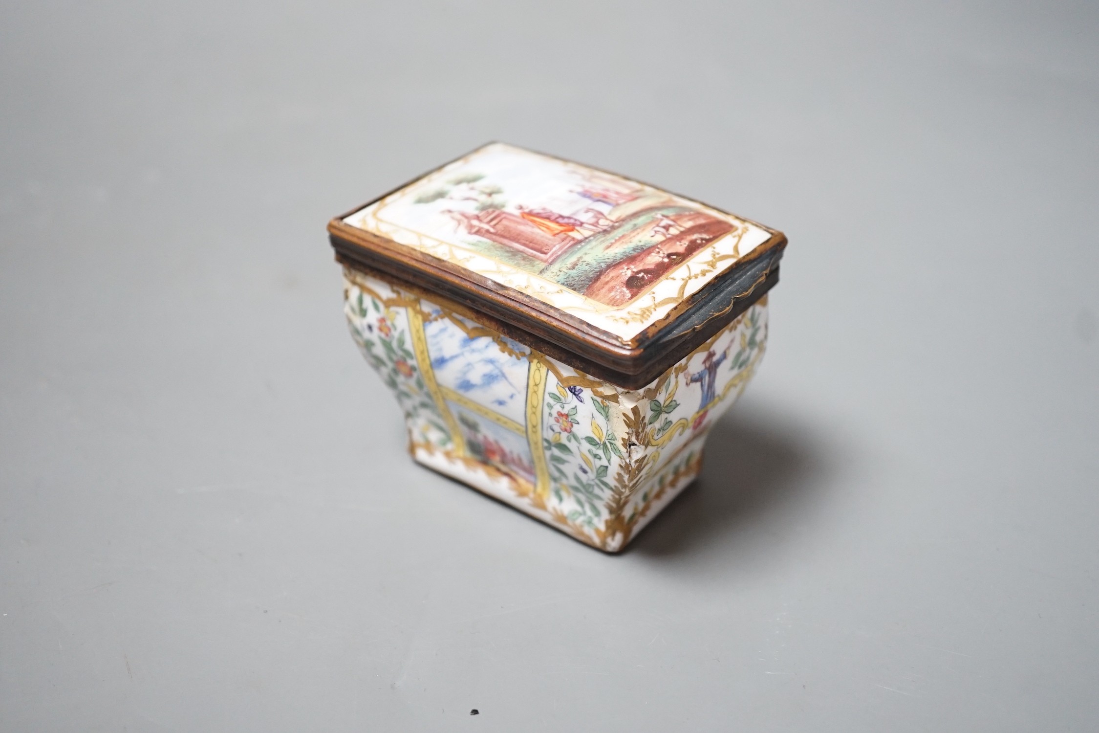 A 19th century Continental bombe shape enamel snuff box, 8cms long